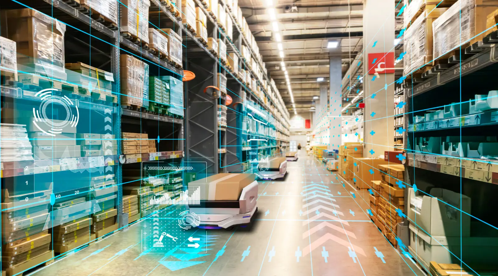 Warehouse shelves with robotic cart and digital inventory overlay