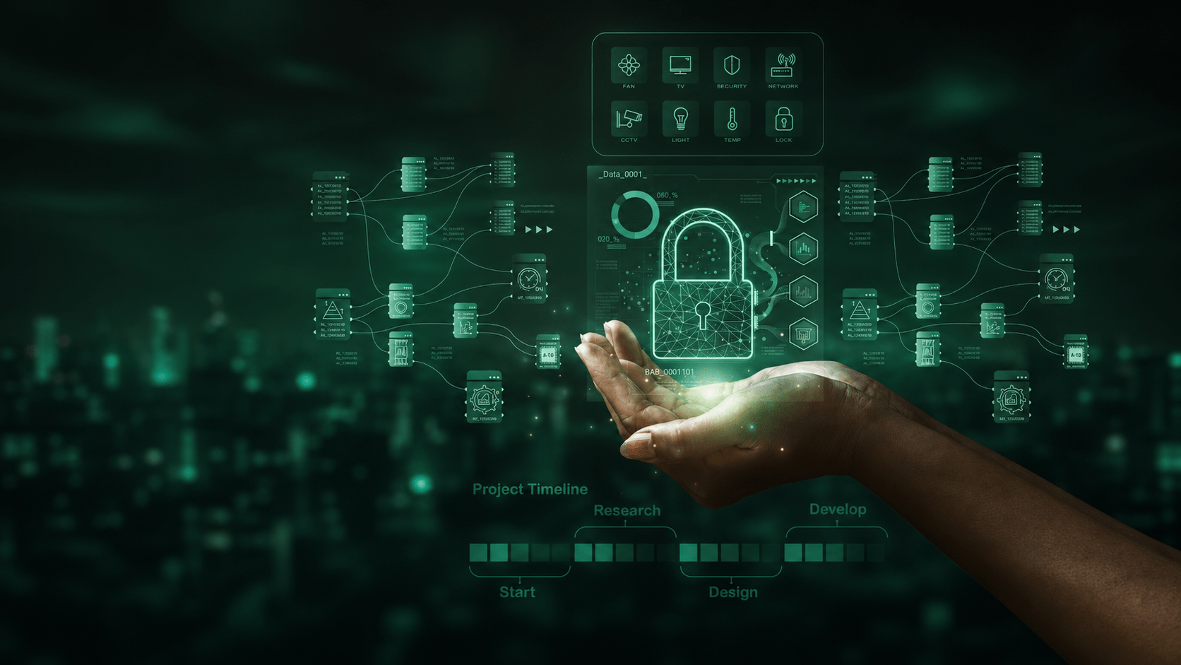 Hand mit digitalem Sicherheitsschloss und Netzwerkdiagrammen