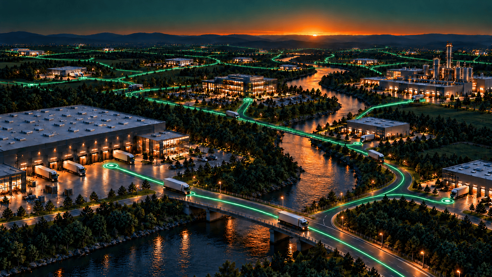 Smart logistics network connecting trucks, warehouses, factories, and river at sunset