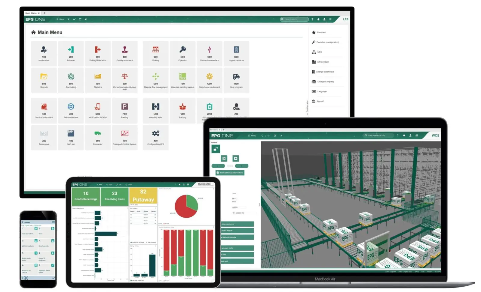 Warehouse management software displayed on various devices.