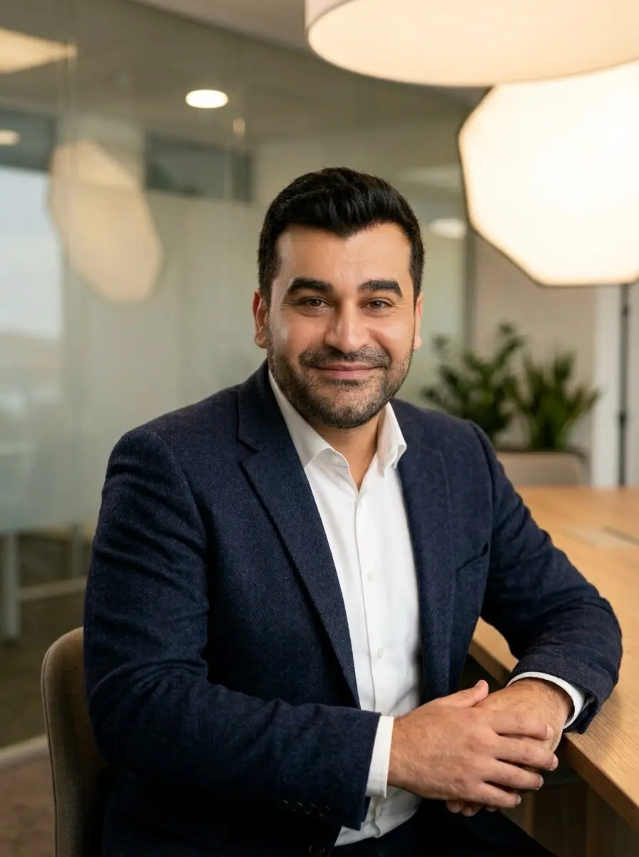 Smiling man in navy blazer seated in modern office