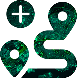 Digital map icons with circuit board design.