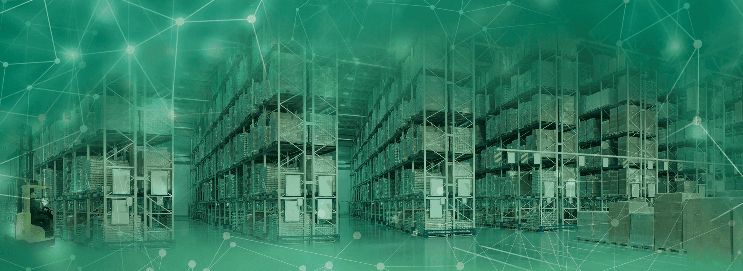 Modern warehouse with shelves and forklift