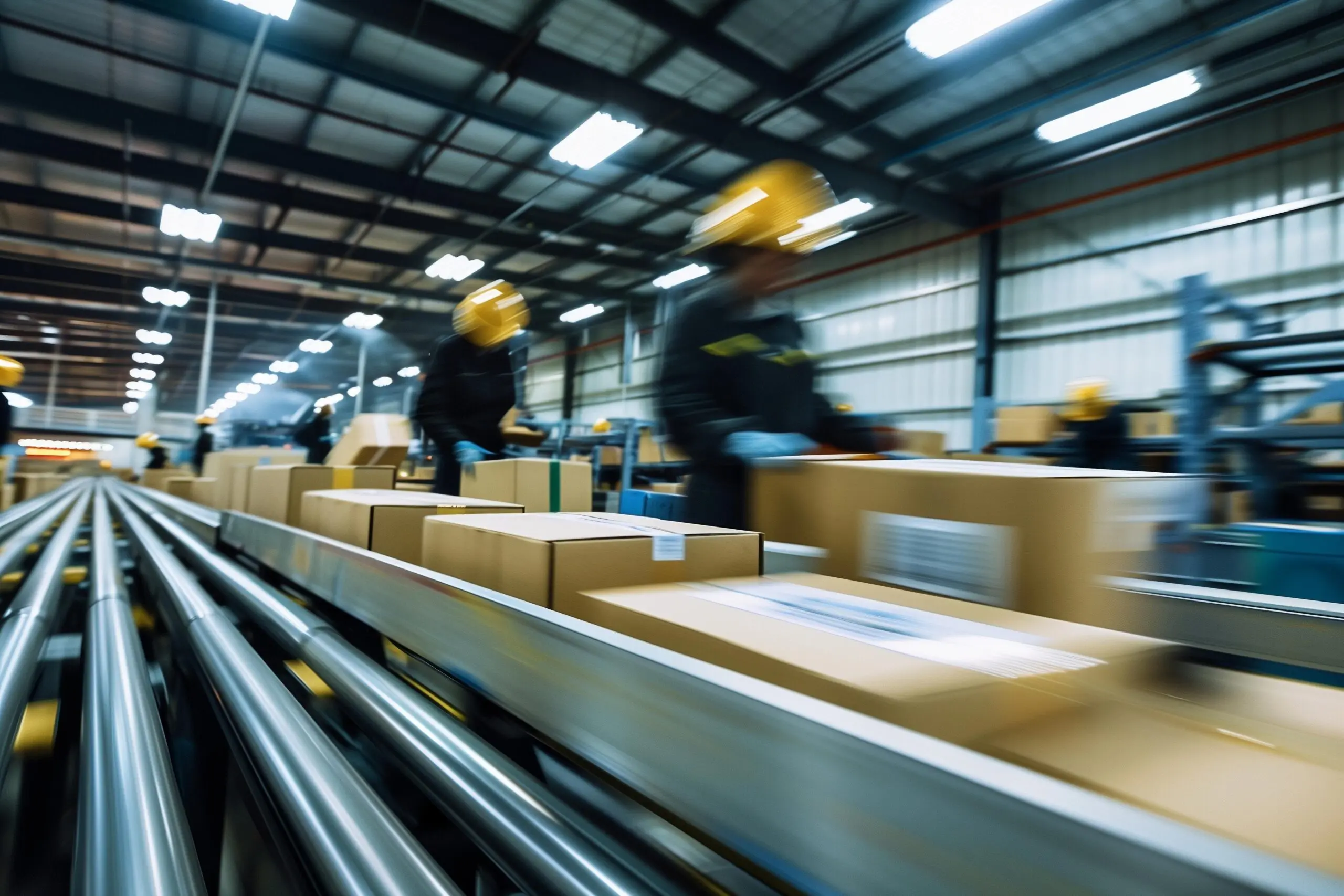 Workers sorting boxes on conveyor belt in warehouse.