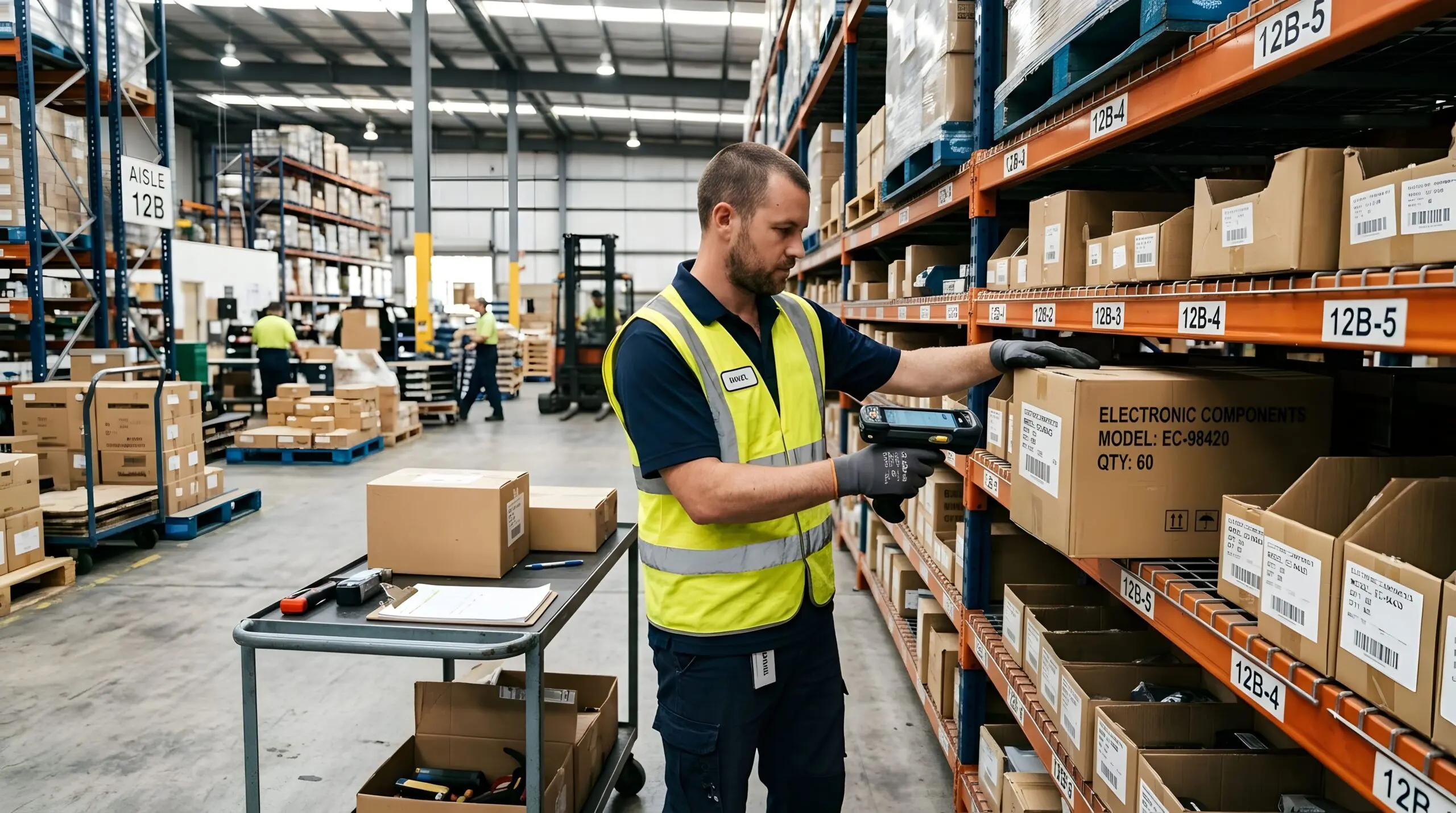 Warehouse worker scanning electronic components boxes.