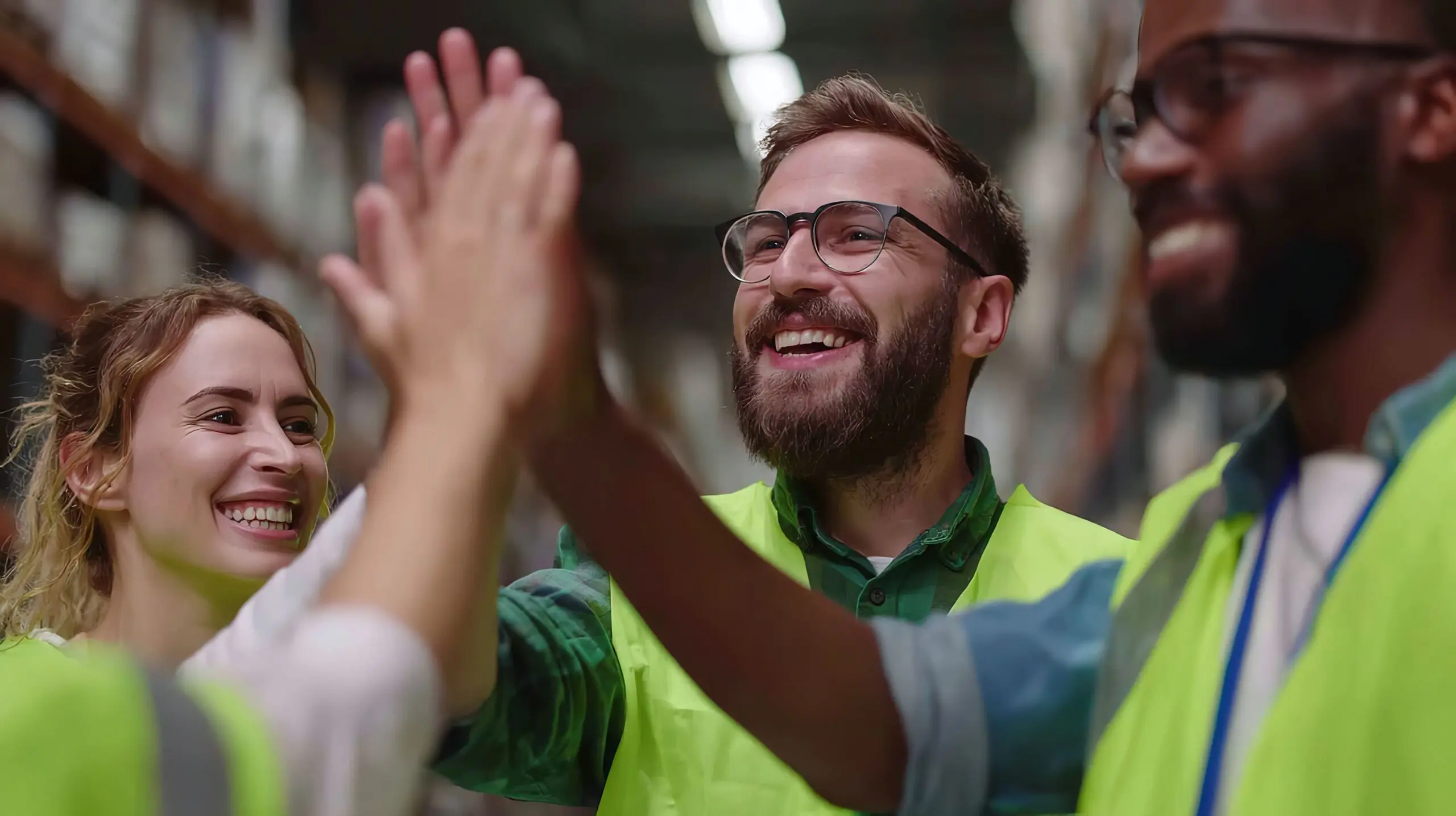 Warehouse workers celebrating with high-fives.