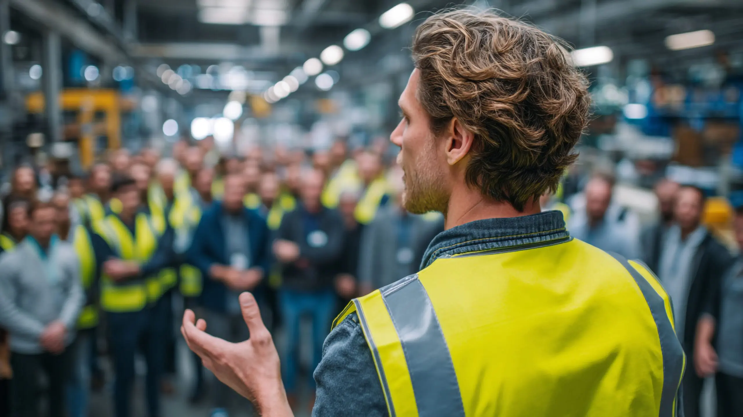 Worker addressing factory team meeting
