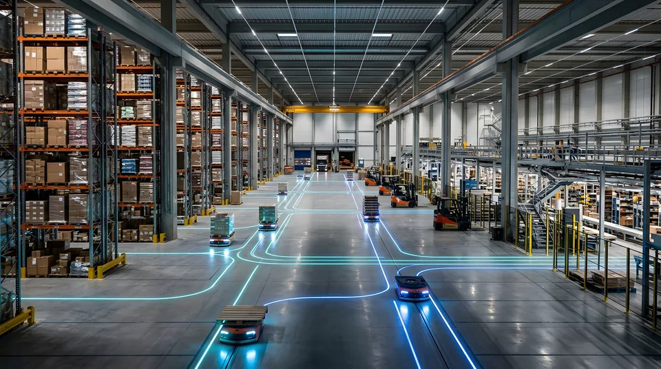 Autonomous robots navigate a modern warehouse with glowing floor routes