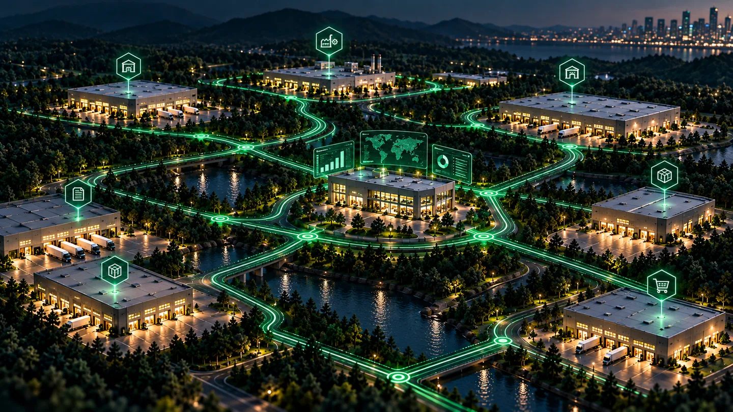 Smart logistics network connecting warehouses with glowing digital routes