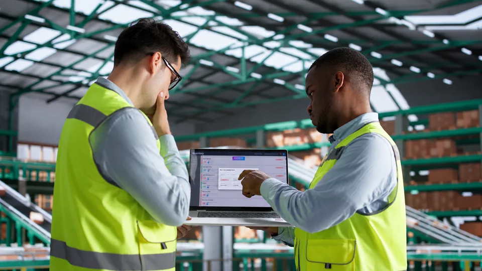 Warehouse workers reviewing inventory data on a laptop