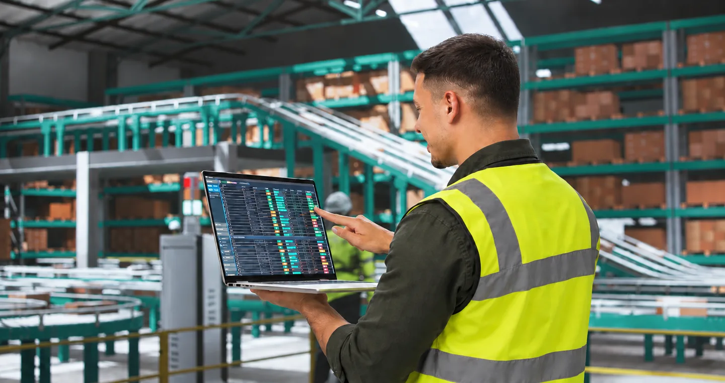 Warehouse worker monitors logistics data on laptop