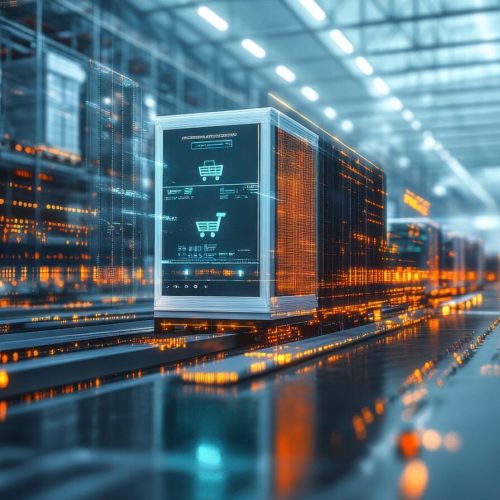 Server racks with glowing orange lights and network cables