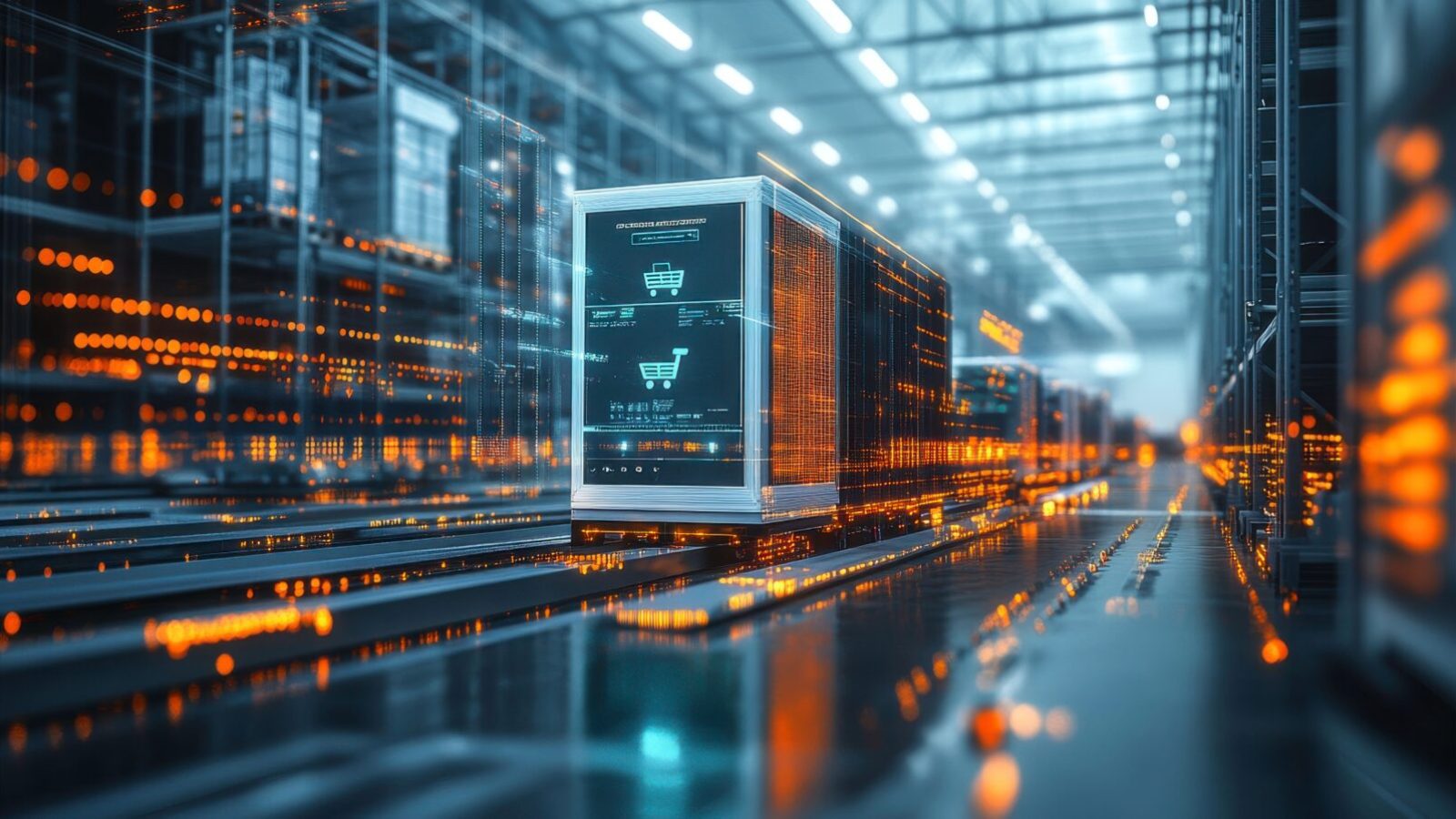Server racks with glowing orange lights and network cables
