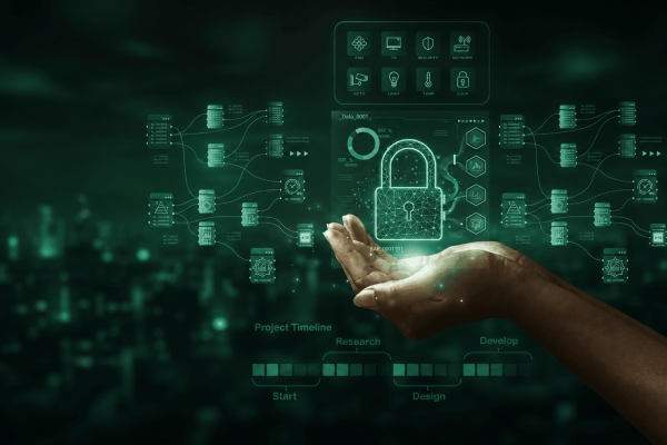 Hand mit digitalem Schloss und Netzwerksymbolen