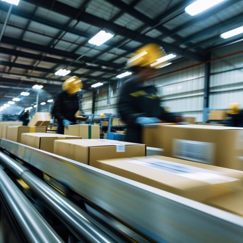 Workers sorting boxes on conveyor belt in warehouse.