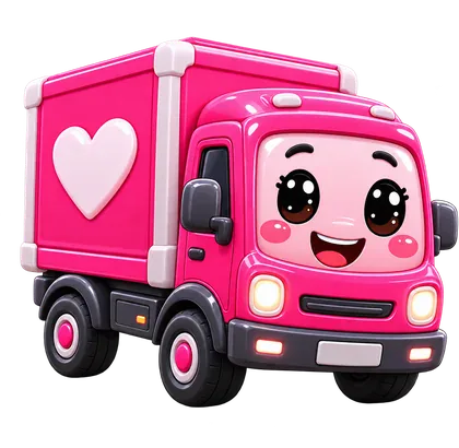 Cute pink cartoon delivery truck with heart emblem