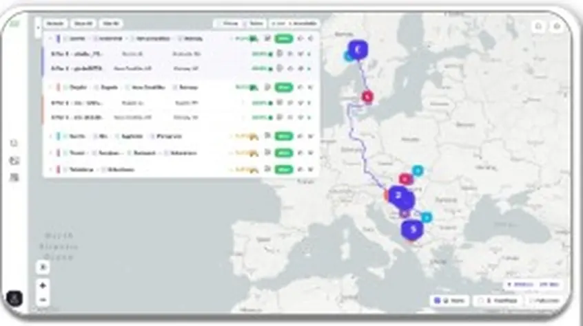Route planning dashboard with map pins across Europe